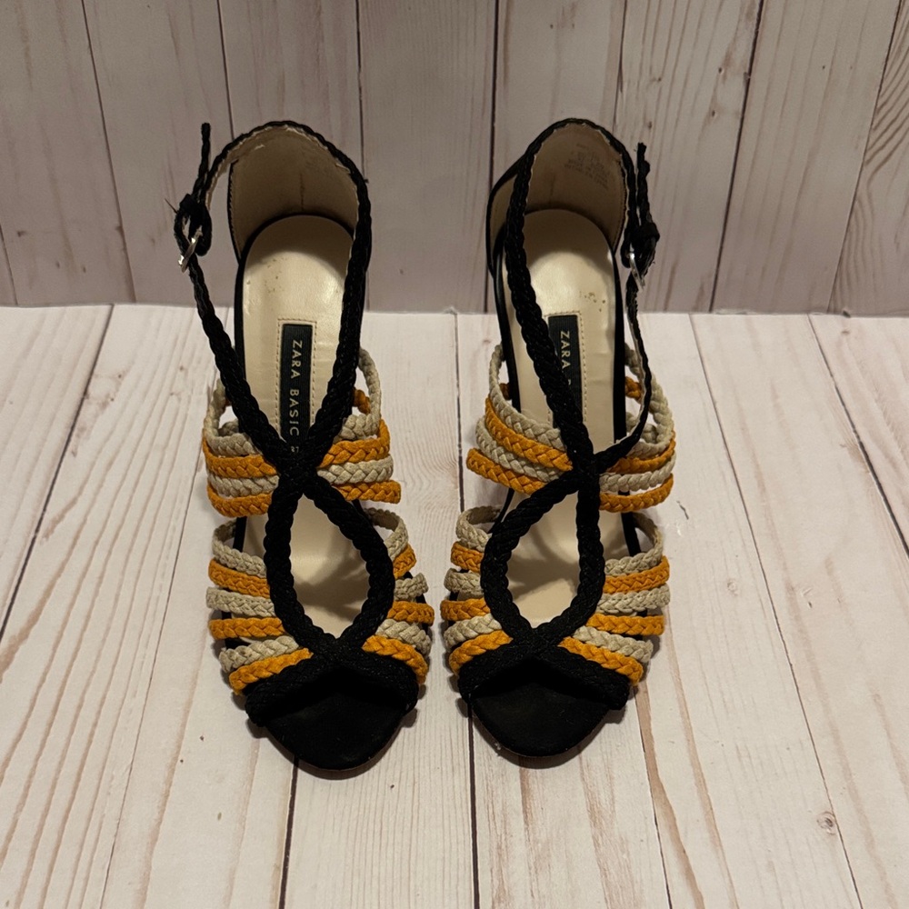 Zara women’s Black suede and Yellow Braided Strappy heels